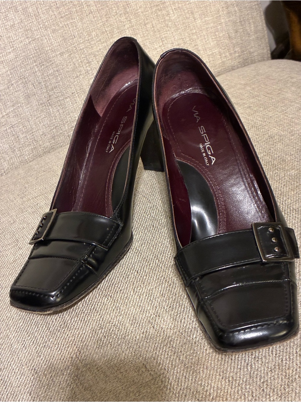 Via Spiga 8.5 Black Leather Square Toe Buckle Pumps Made in Italy Y2K